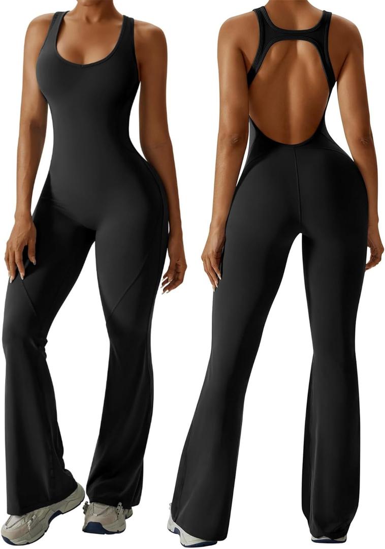 OEAK Womens Flare Jumpsuit with Bra Tummy Control Cutout Romper Workout Outfit Sleeveless Unitard One Piece Backless Bodysuit (Small, Black)
