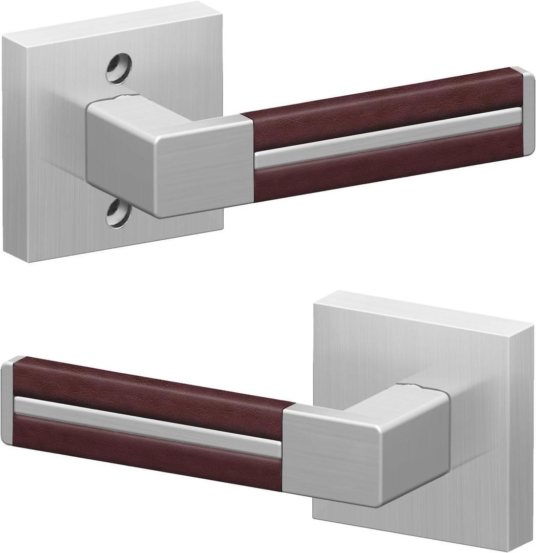Brushed Nickel Passage Door Handles Without Lock, Brown Leather Interior Door Handle, Hallway/Closets Keyless Door Lever 1 Pack