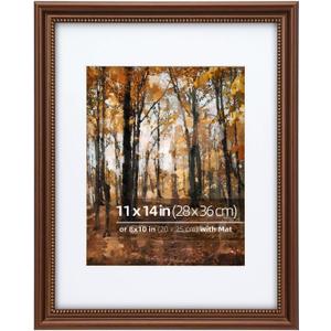 11x14 in Wood Classic Gallery Picture Frame, Ornate Beaded Inner, Matted for 8x10 Photo, Vertical or Horizontal Display, Brushed Brown Brass
