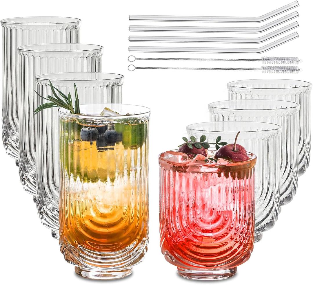 INSETLAN Water Drinking Glasses Set of 8-4 Highball Glasses 14 oz, 4 Rocks Glass Cups 12 oz, Arch Design Cocktail Glasses, Vintage Glassware, With Glass Straw, for Beverages Ice Coffee Juice Water INSETLAN Water Drinking Glasses Set of 8-4 Highball Glasses 14 oz, 4 Rocks Glass Cups 12 oz, Arch Design Cocktail Glasses, Vintage Glassware, With Glass Straw, for Beverages Ice Coffee Juice Water