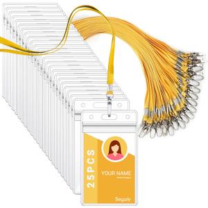 Segarty Lanyards with ID Holder, 25 Pack Vertical Badge Clear Plastic Name Tags Neck Key Card Bulk, Yellow Strap Clips Waterproof Ziplock Nametag Protector for Women, Business, Student, School, Office