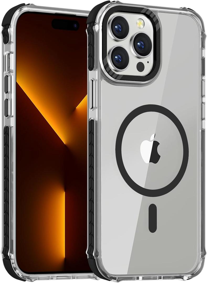 DEERLAMN Strong Magnetic Case for iPhone 15 Pro Max 6.7-Inch,[Compatible with Magsafe][Military Grade Drop Protection] Clear Slim Shockproof Protective Phone Cover-Transparent+Black