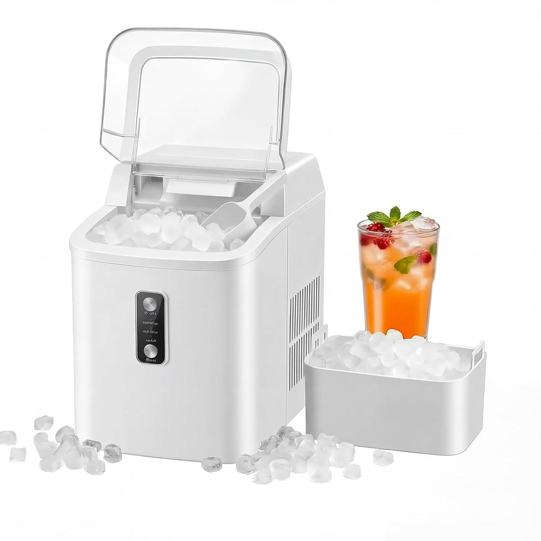 KMFurnila Nugget Ice Maker Countertop, Portable Ice Makers Machine with Removable Basket and Scoop, Self-Cleaning, Quiet, 6-Min Ready, 24lbs in 24Hrs, Visible, for Home, Party, RV, Camping, White