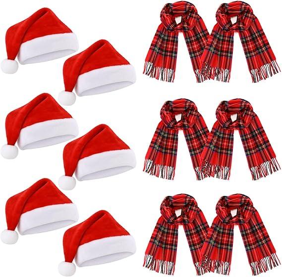 Coume 12 Pcs Christmas Santa Hat and Scarf Set for Adults, Winter Plaid Scarf Warm Xmas Hat with Pompom for Men Women Holiday Gifts (Red and Green)