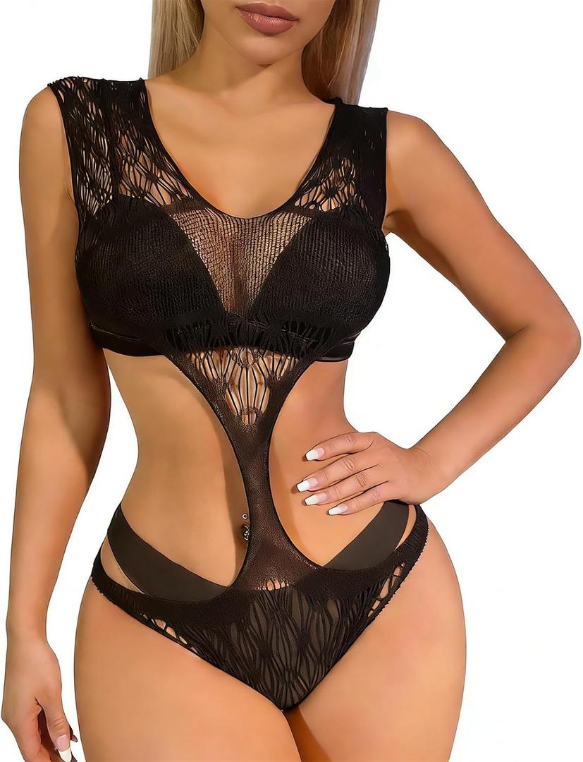 Sexy Lingerie for Women Bodysuit, Openwork Lace Fishnet plus Size Lingerie, Sleeveless Design Special Night Soft for Women Black (Black)