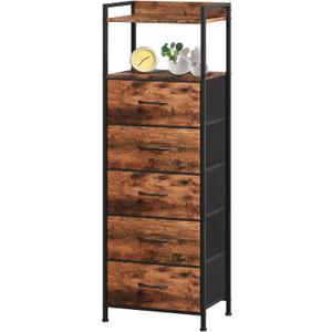 Somdot Tall Nightstand for Bedroom, Tall 5 Drawers Dresser, Vertical Storage Tower Unit, Nightstand Furniture with Fabric Drawer Organizer in Bedside Kids Room, Laundry Entryway, Wood Grain Print