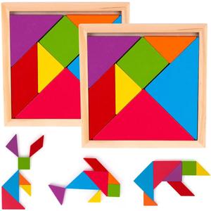 SEASONAL CELEBRATIONS Wooden Tangram Puzzles for Kids, Set of 6, Wood Tangrams with 7 Colored Pieces Each, Fun Educational Brain Teaser, Learning Toy for Boys and Girls, Fun Party Favor 6pcs