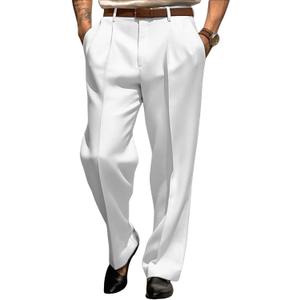Men’s Dress Pants Straight Leg Pleat-Front Casual Suit Pants Plain Comfort Work Office Business Lounge Trouser Long (White), 34Wx30L