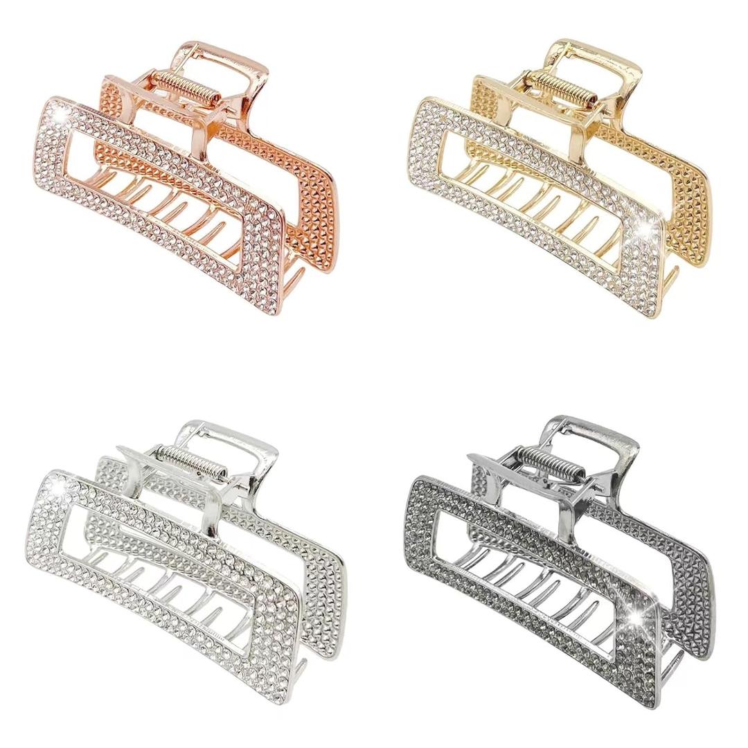 WORTL 3.5 Inch Square Metal Large Claw Clips, 4 Pack Rhinestones Hair Clamps for Women and Thinner, Thick hair styling, Strong Hold jaw clips