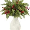 15 Pcs Christmas Artificial Pine Branches with Red Berry Stems, 18" Faux Evergreen Pine Cedar Stems, Fake Green Foliage Pine Needles Picks for DIY Craft Xmas Home Decor(15, Cypress & Barries)