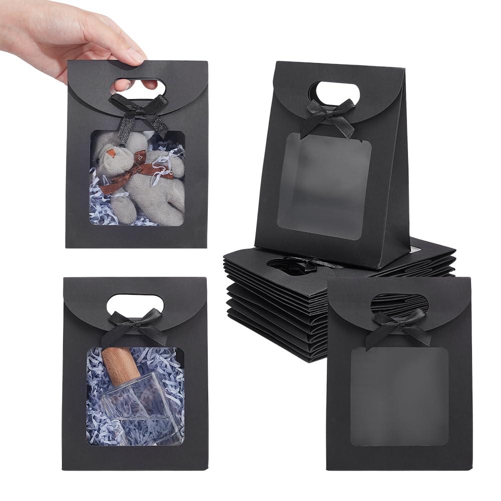 NBEADS 24 Pcs Black Kraft Paper Bags with Clear Window, Stand Up Gift Bag with Handles Small Gift Bag with Bowknot for Candy Cookies Packaging Wedding Christmas Party Store Retail