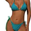 ZAFUL Women's Colorful Stripes Halter Flocking Textured Triangle Tie Side String Bikini Set High Cut Two Piece Bathing Suit (Large, A01 Green)