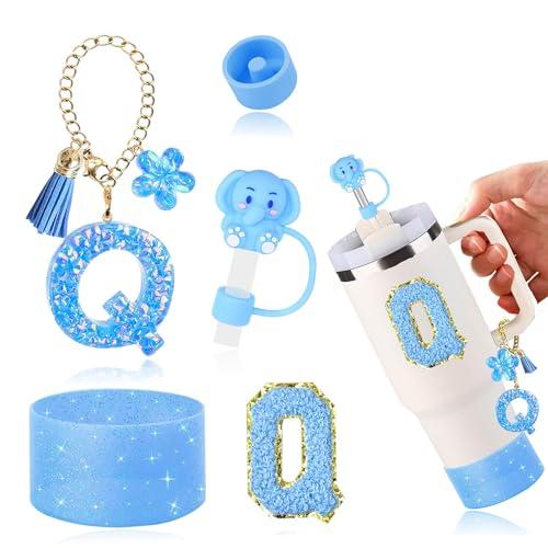 AiScrofa Cup Accessories Set for Stanley 30 oz 40 oz Tumbler with Handle, Including Initials Charms, Straw Cover Cap, Boot, Sticker, Silicone Spill Proof Stopper, Blue Decorate for Boy Girl