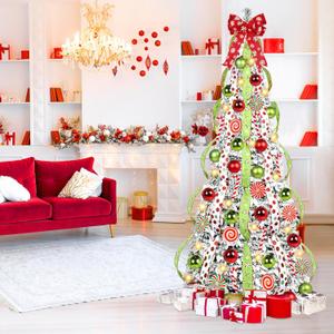 Pre Lit Pop Up Christmas Tree with Lights, 6FT Flocked Pre Decorated Collapsible Christmas Tree with Ribbons, Christmas Ornaments, Bow, Pouch for Home Office Party Holiday Decor