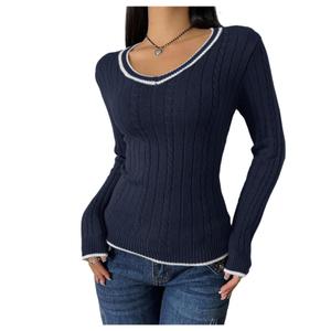 Milumia Women's Cable Knit V Neck Long Sleeve Sweater Casual Fitted Going Out Pullover Tee Tops Streetwear Dark Blue Large (Black, L)