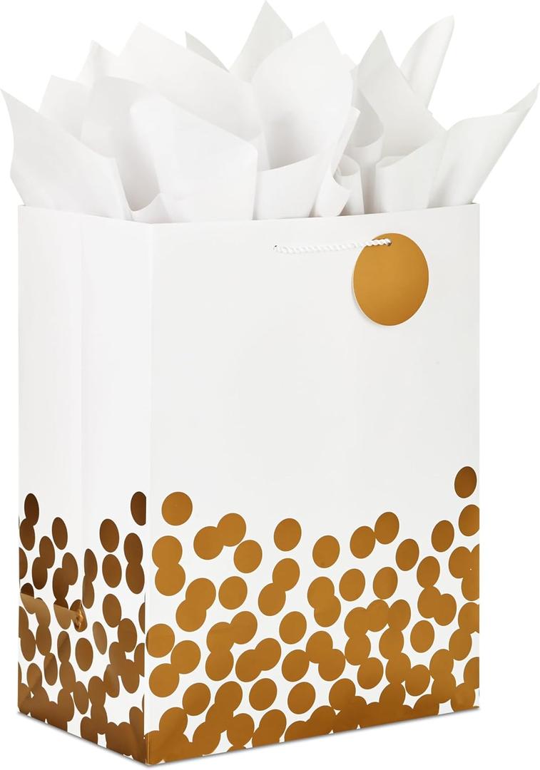 Hallmark 17" Extra Large Gift Bag with Tissue Paper (White with Gold Polka Dots) for Valentine's Day, Weddings, Engagements, Bridal Showers, Graduations, Retirements, Birthdays