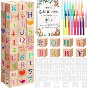 147 Pcs Baby Shower Blocks Games Sets, 80 DIY Blank Wooden Block 42 Stencils 24 Watercolor Marker 1 Decorate a Block Game Sign for Gender Reveal Baby Shower Party Supplies(Forest Animal)
