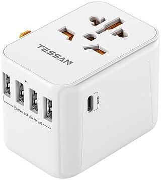 Universal Travel Plug Adapter 30W, TESSAN International Power Adaptor with 1 USB C and 4 USB A Ports, Travel Worldwide Outlet for US to European EU UK AUS (Type C/G/A/I)