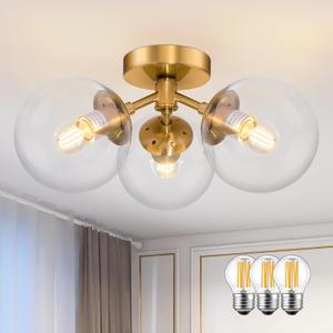 3-Light Modern Gold Semi Flush Mount Ceiling Lights Clear Glass Globe Ceiling Lights Mid Century Brass Chandelier Modern Sputnik Ceilings Light Fixture for Bedroom Hallway Entryway Living Room