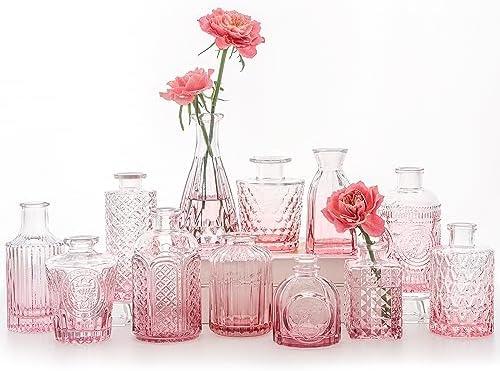 SUPMIND 12Pcs Glass Bud Vase Set, Small Flower Vase for Centerpieces, Pink Bud Vases in Bulk, Mini Vintage Vase for Rustic Wedding Decorations