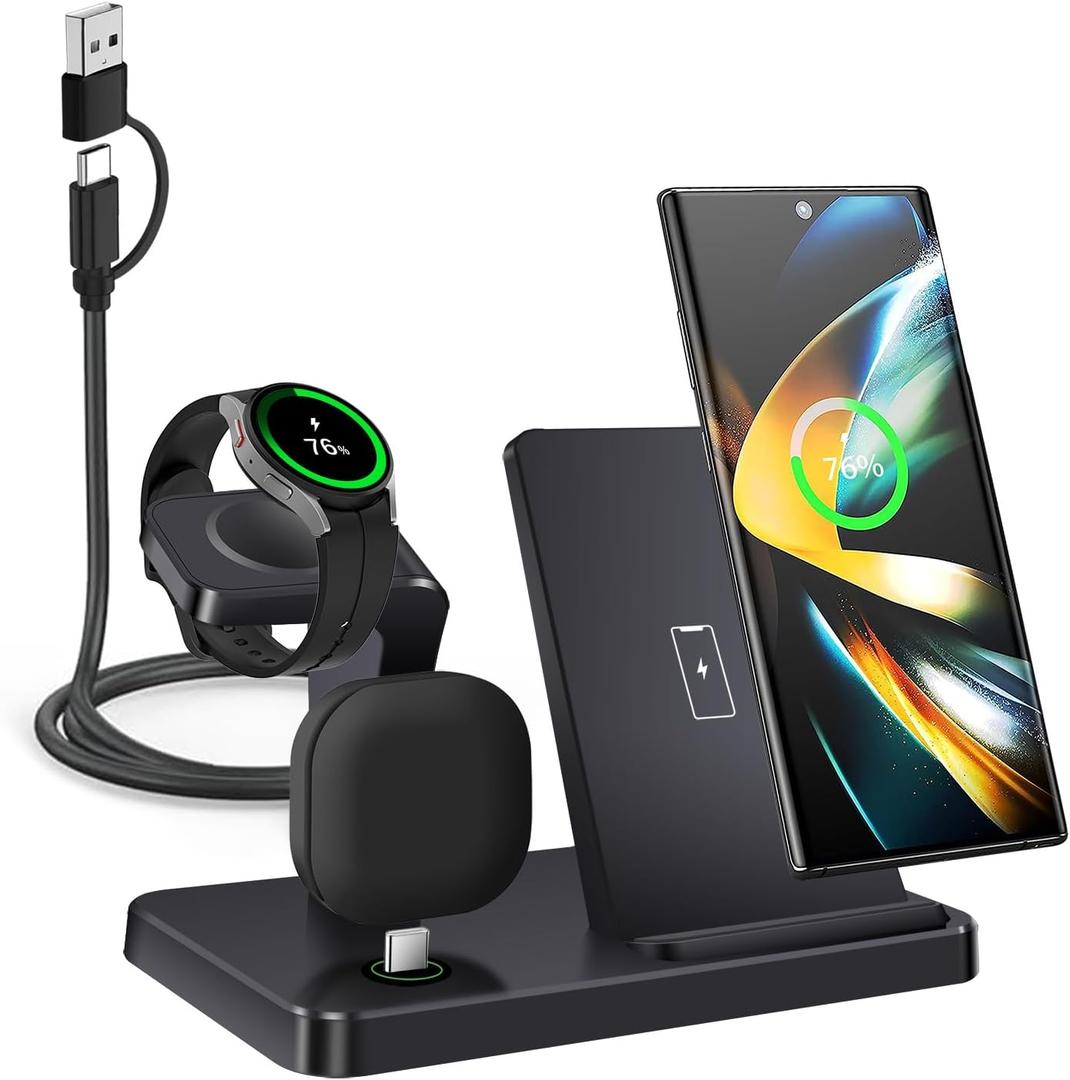 Wireless Charger for Samsung,3 in 1 Wireless Charging Station for Samsung Galaxy S25/S24/S23/Z Fold/Flip,Fast Phone Watch Charger Dock Stand for Galaxy Watch Ultra/7/6/5,Galaxy Buds (Black)