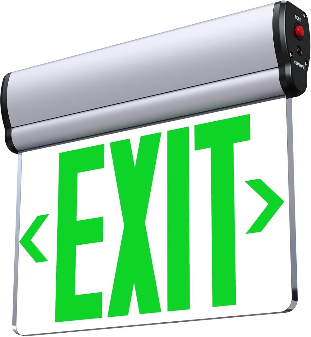SASELUX Led Edge-Lit Exit Sign ,Brushed Aluminum Housing Single-Sided Clear Rotating Acrylic Panel,Green Led Emergency Exit Light,120V-347VAC,Hardwired Emergency Exit Signs with Battery Backup, UL Listed,Top/Side/Wall Mount(1 Pack)