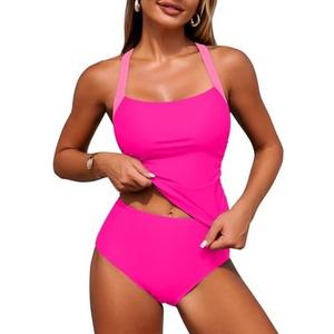 ZAFUL Women's Tankini Swimsuits Tummy Control Swimwear Two Piece Bathing Suits Swim Top with High Waisted Bottom, Pink, Medium