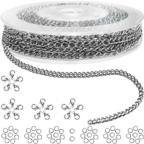 Jishi 33ft Necklace Extender Chain 3mm Silver Stainless Steel Curb Link Chain for Jewelry Making, Bracelet Necklace Extender DIY, Keychain Craft Supplies, Metal Chain Roll w/Lobster Clasps, Jump Rings