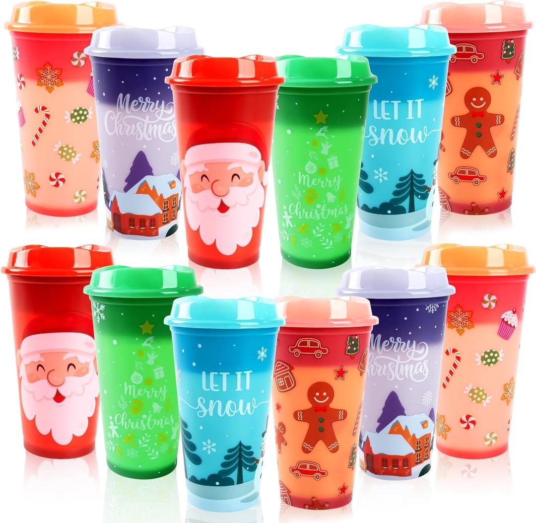 12pcs Christmas Color Changing Hot Cups with Lids, 16Oz Plastic Reusable Hot Coffee Cups for Adults Kids Winter Christmas Holiday Birthday Party Cups Tumblers