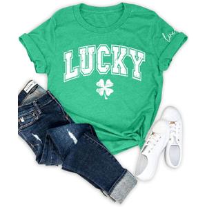 For G and PL Women's St. Patrick's Shirt Green Crewneck Short Sleeve Tee Tops (Medium, Lucky Letter)