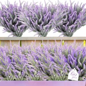 XunYee 60 Bundles Artificial Lavender Flowers UV Resistant Faux Plastic Flowers Faux Lavender Plants for Outdoor Garden Patio Window Box Office Table Centerpiece Indoor Decoration (Purple)
