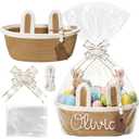 SiliFine Custom Easter Basket Personalized Easter Bunny Gift Basket with Name Rope Bow Ribbons and Gift Bag for DIY, Egg Hunt, Girls, Boys(Linen Yellow)