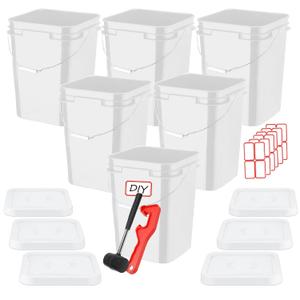 CAMATET 5 Gallon Bucket with Lid, Square Food Grade Plastic Pail with Metal Handles, Heavy Duty Industrial Storage Containers with DIY Stickers, Rubber Mallet, Lid Opener (6 Pack, White)
