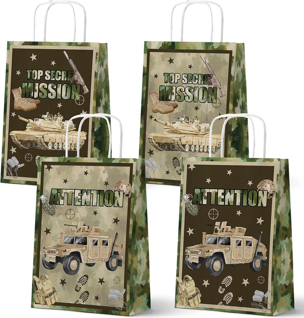 Outego 24 Pack Military Party Gift Bags, Army Camo Goodie Bags, Military Birthday Party Supplies, Soldier Theme Party Favor Bags with Handles