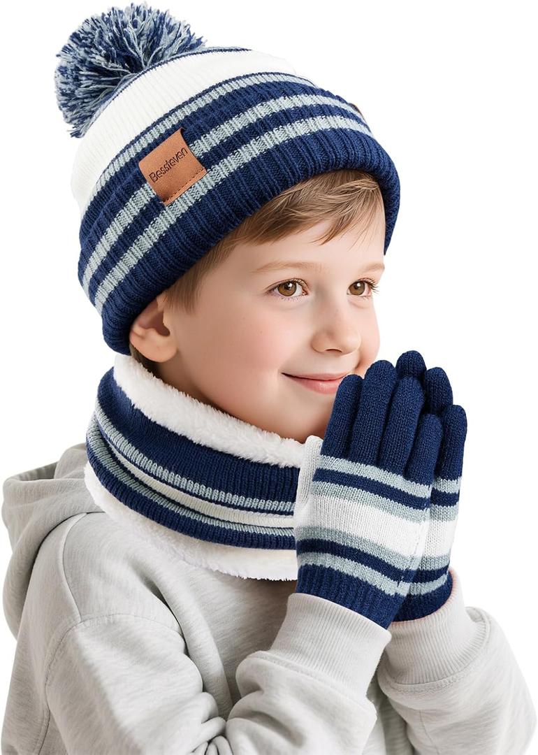Kids Winter Hat Scarf Gloves: Boys Beanie Hats Gloves Set for Ages 6-10 Warm Thick Fleece Lined Winter Set Knit Cap Snow Ski (Navy Blue)