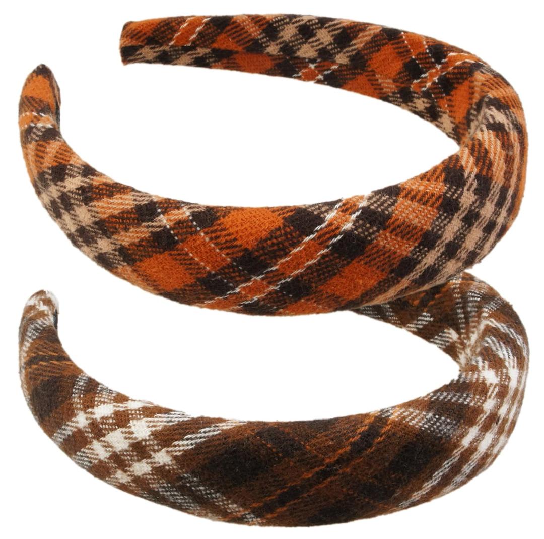 VIVIAN & VINCENT 2 Pack of Womens Fall Scottish Tartan Headbands Headwraps Hair Band with Bow Orange and Brown Plaid