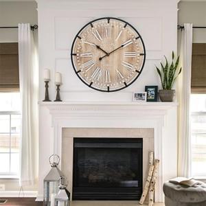 24 Inch Grand Farmhouse Wall Clock, Vintage-Inspired Wood & Metal Design with Large Etched Numbers, Silent Battery-Powered Timepiece for Offices, Kitchens, Bedrooms, and Living Rooms (Brown)