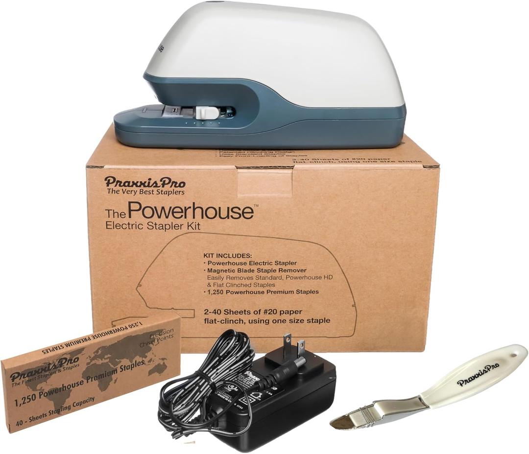 Powerhouse Ultra-Quiet 40 Sheet Premium Electric Stapler  Jam-Free Flat Clinch for Office, School, or Home  Adapter, Magnetic Remover, 1,250 Staples, Does not Require Special Staples