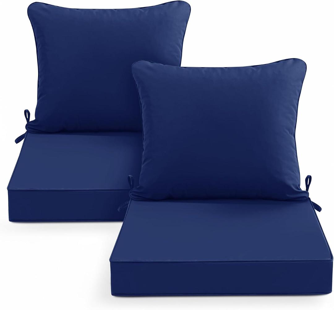 Summsun Outdoor Chair Cushions Set of 2, Waterproof Backrest and Deep Seat Cushion Set for Patio Furniture, Outdoor Replacement Cushions with Removable Cover, 22 x 22 Inch, Navy, 22*22 + 22*20 Inch