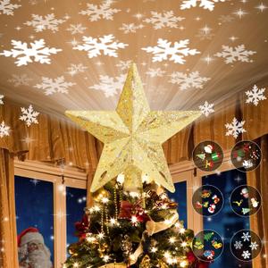 Christmas Tree Topper Lighted with 6 Projection Modes,Christmas Star Tree Topper Built-in LED Rotating Projector Lights 3D Sparkling Christmas Tree Decorations for Xmas Party Holiday Decor(Golden)