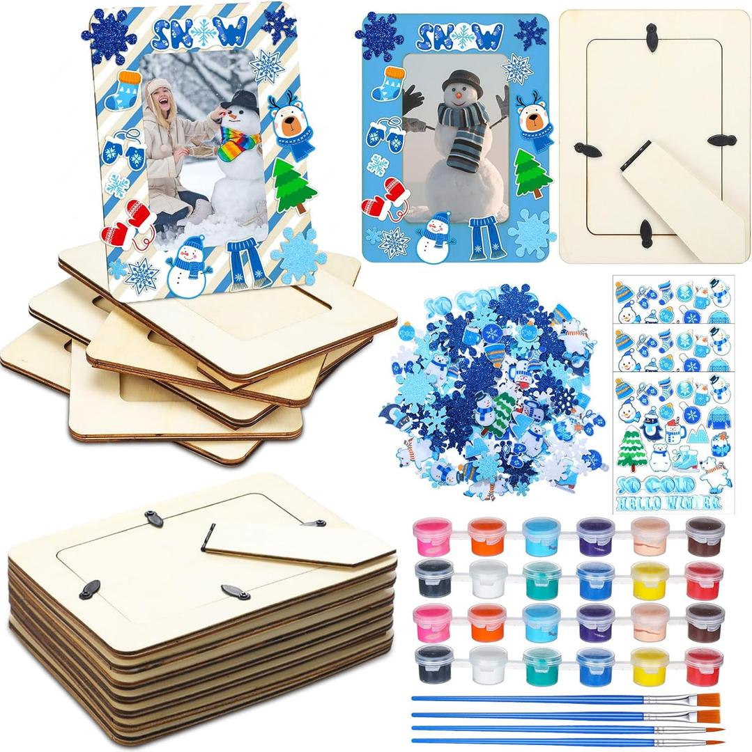 Gerrii 12 Sets Winter Picture Frames Craft DIY Wooden Photo Frame Painting Craft Kit 5 x 7 Inches with Stand Snowflake Sticker Painting Tool Set for Winter Party Favor Home Activity