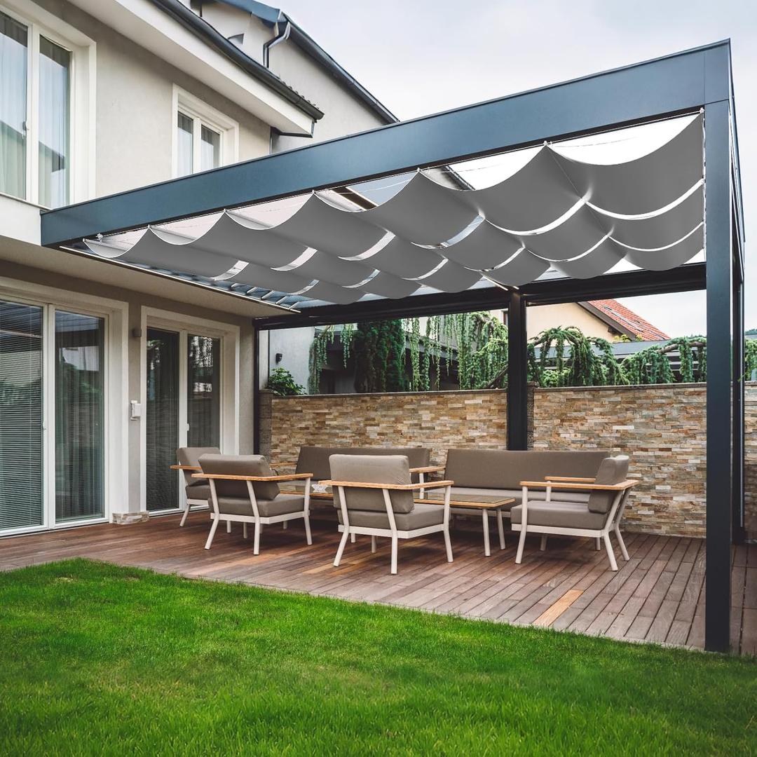 4.5'W X 12'L Waterproof Retractable Sun Shade Slide Flexible Canopy, Pergola Wave Awning Cover Silver Coated Polyester Fabric, Wave Sun Shade for Patio Garden Deck Trellis, Gray