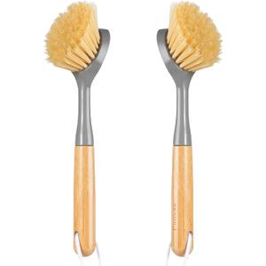 2 Pack Dish Brushes with Bamboo Handle, Kitchen Dish Scrubber Built-in Scraper, Scrub Brush for Pans, Pots, Counter & Kitchen Sink Cleaning, Dishwashing and Cleaning, Perfect Cleaning Tools, Gray