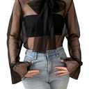 GORGLITTER Women's Sheer Mesh Bow Tie Front Work Blouse See Through Flare Long Sleeve Business Shirt Top Black, Size: XL