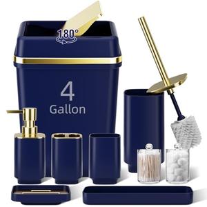 9PCS Bathroom Accessory Set, Navy Blue Bathroom Set with Large-Capacity 4 Gallon Trash Can, Bathroom Accessories Set Complete Toothbrush Holder, Soap Dispenser, Toilet Brush, Bathroom Decor