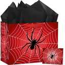Hooqict Spider Birthday Gift Bag with Handles, Wrapping Paper, Greeting Card for Boys Kids Men Goodie Treat Party Gift Box Black Red Spider Web Birthday Decorations Halloween Bag 2 in Pack