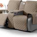 TAOCOCO 100% Waterproof Loveseat Recliner Cover with Center Console, Reversible Reclining Couch Cover for 2 Seats with Leg Straps, Washable Split Sofa Cover Protector for Pets Kids (Khaki)