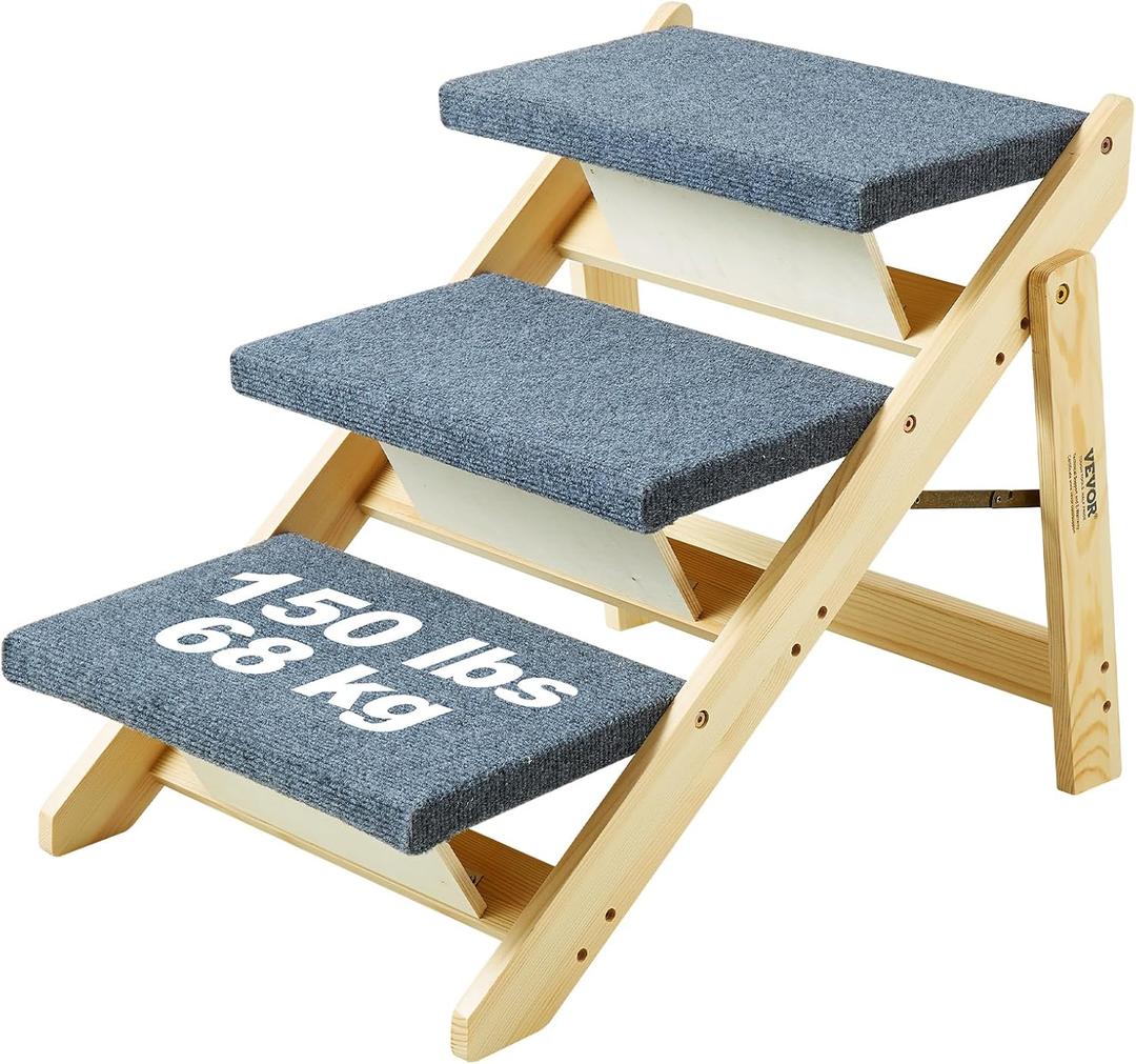 VEVOR Wood Pet Stairs/Pet Steps, 2-in-1 Foldable Wooden Dog Stair for Beds, Sofa and Cars, Dog Stairs & Ramp with 3 Steps for Small Medium Large Pet, up to 150 lbs (Natural)