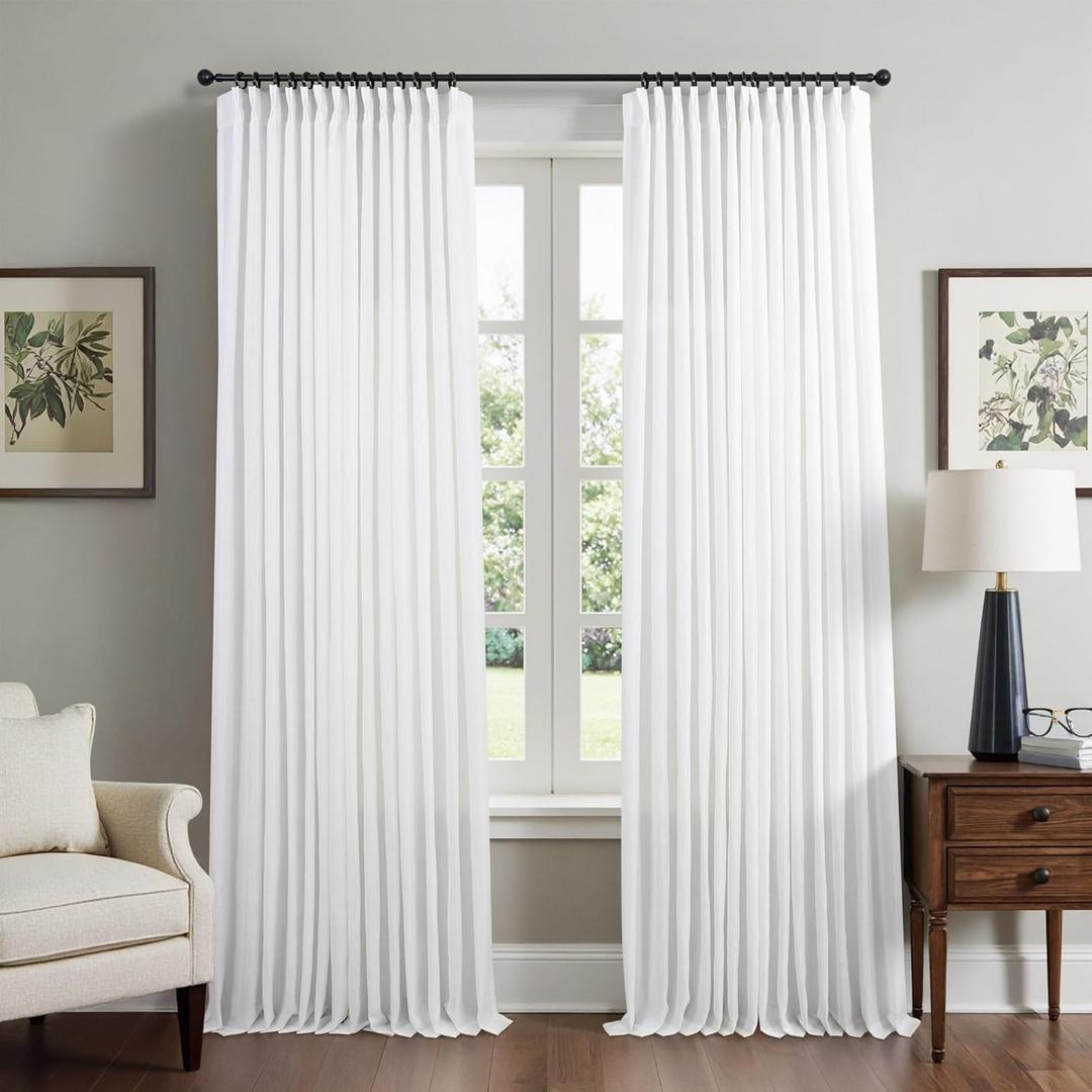 Pinch Pleated 92 Inch Curtains 2 Panels for Living Room White Linen Curtains 92 Inches Long Custom Length Pleat Drapes for Track System Light Filtering Semi Sheer Curtains for Dining Bedroom Office, 40"W x 92"L