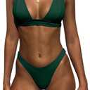 Bathing Suits for Women Deep V Neck Sexy Two Piece Bikini Sets for Women Thong Halter Cheeky Swimsuit (Dark Green)